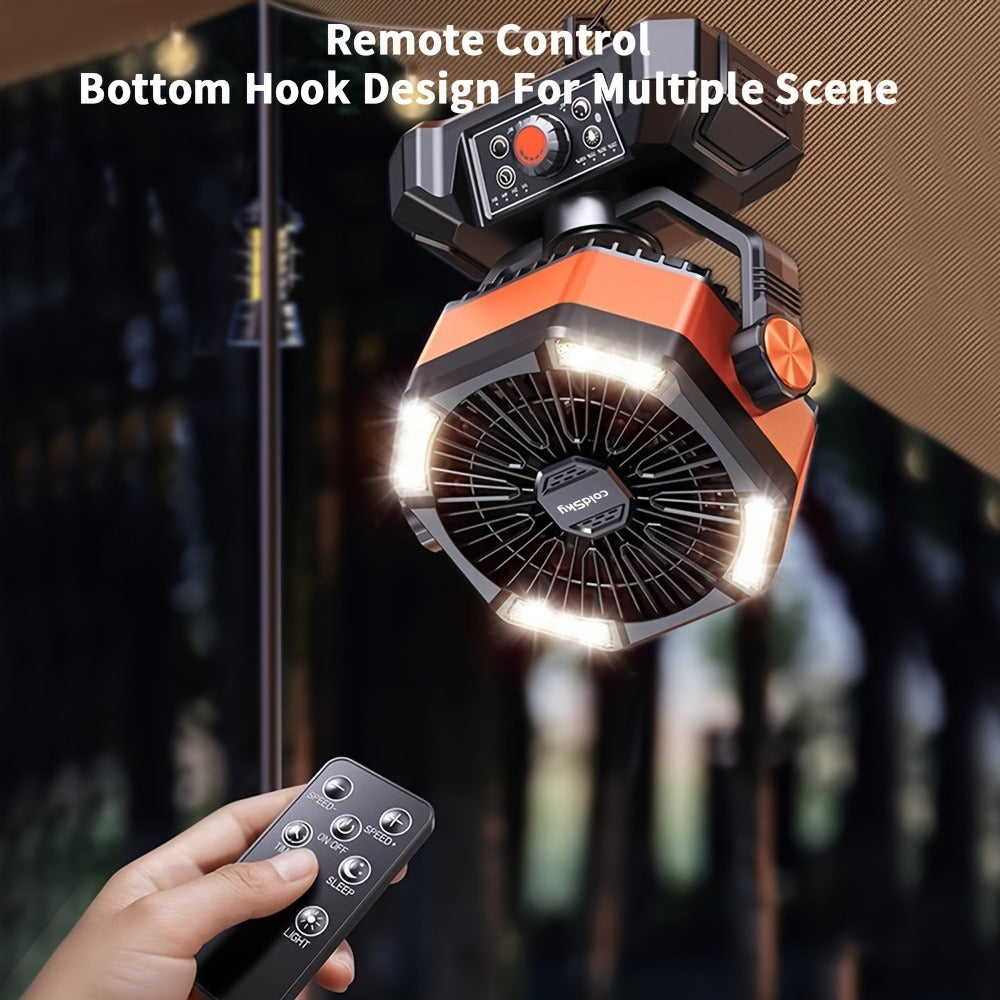 Portable Outdoor Fan 20000mAh USB Rechargeable, Infinite Speed Control Strong Wind Fan with Remote Control, High-Capacity Battery Powered Fan for Camping, Hiking, Job Site and Outdoor Activities