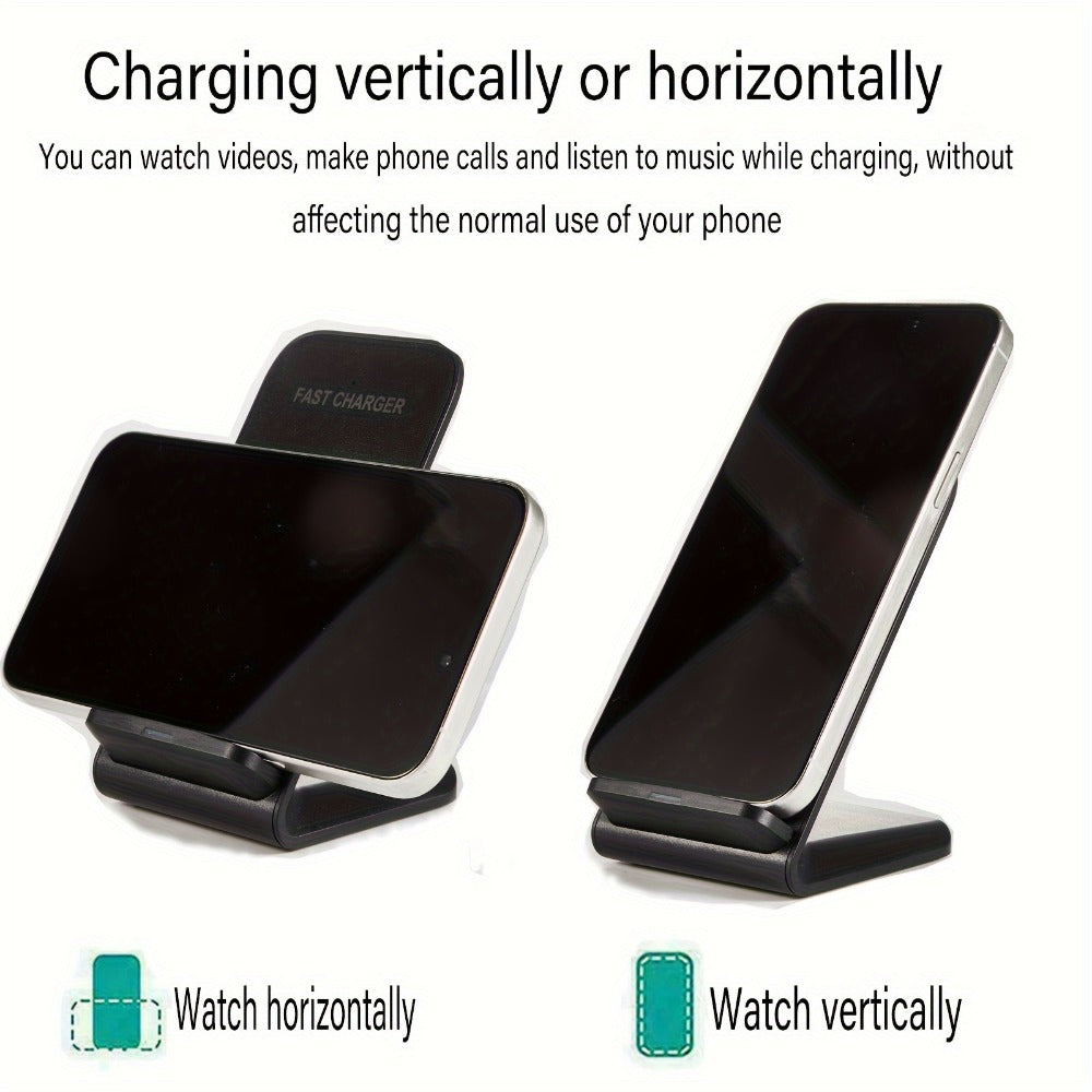Black Dual-Coil Wireless Charging Stand with Vertical or Horizontal Support and 19 Device Labels