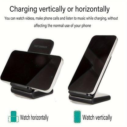 Black Dual-Coil Wireless Charging Stand with Vertical or Horizontal Support and 19 Device Labels