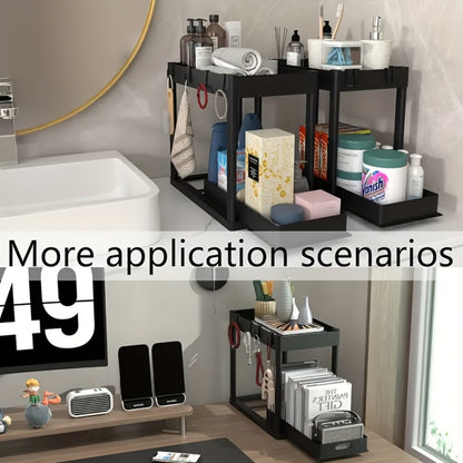 Under Sink Organizer 2pcs Double Tier Sliding Storage Basket with 8 Hooks – Kitchen Bathroom Cabinet Rack Shelf