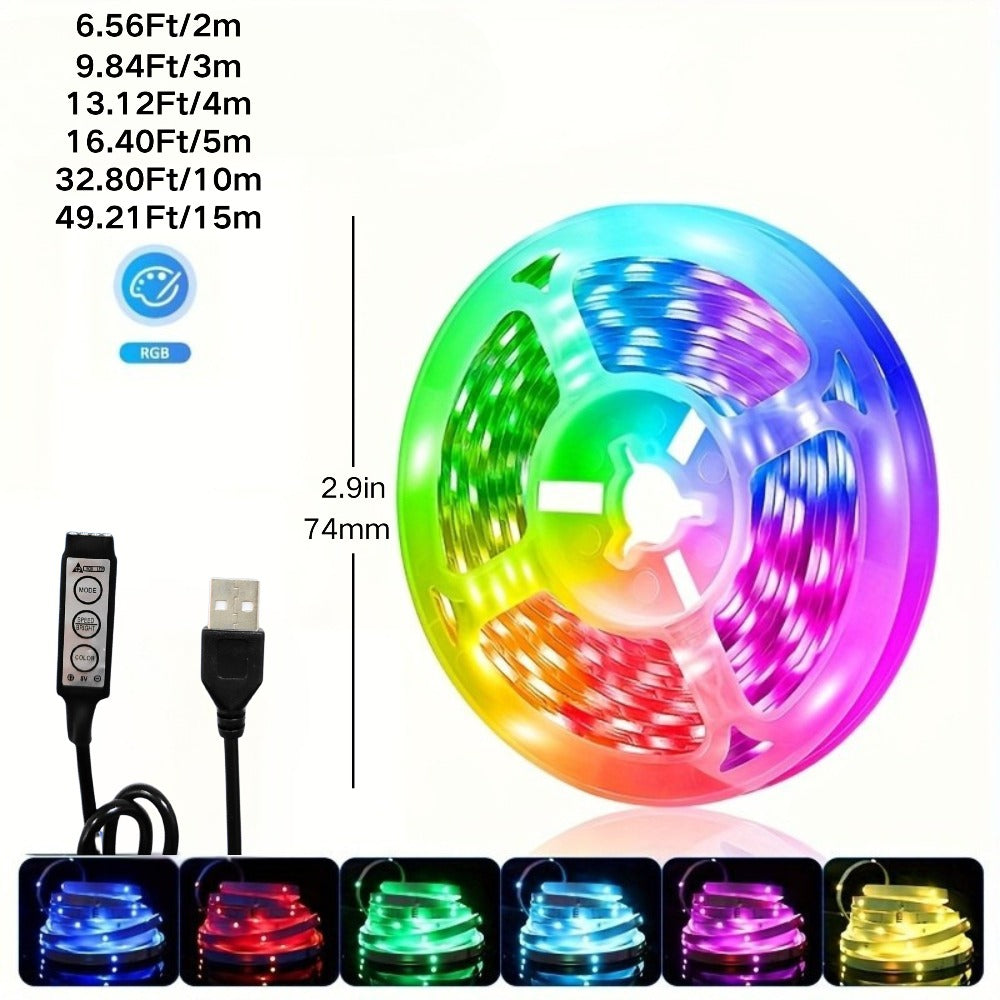 5050 RGB LED Light Strip with USB Plug and Three-Button Controller in 3m, 4m or 15m Lengths