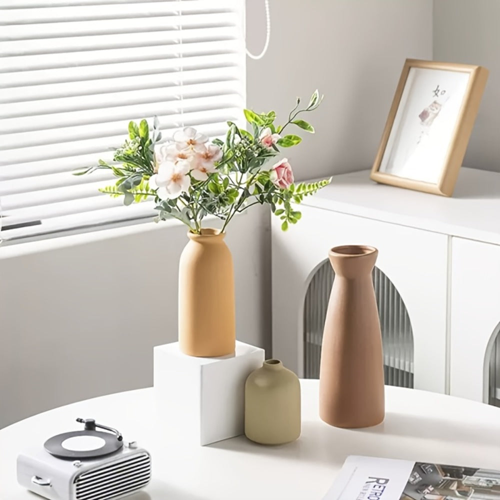 Boho Ceramic Vase Set 3pcs - Matte Nordic Minimalist Geometric Floral Design for Home Decor, Living Room, Entryway, Bookshelf & Bathroom Vanity, Modern Bohemian Decorative Vases, Holiday Gift