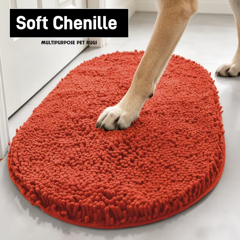 Indoor Door Mat in Chenille, Gingham Dog Paw Entryway Rug in Rectangular or Oval Shapes for Home Entrances