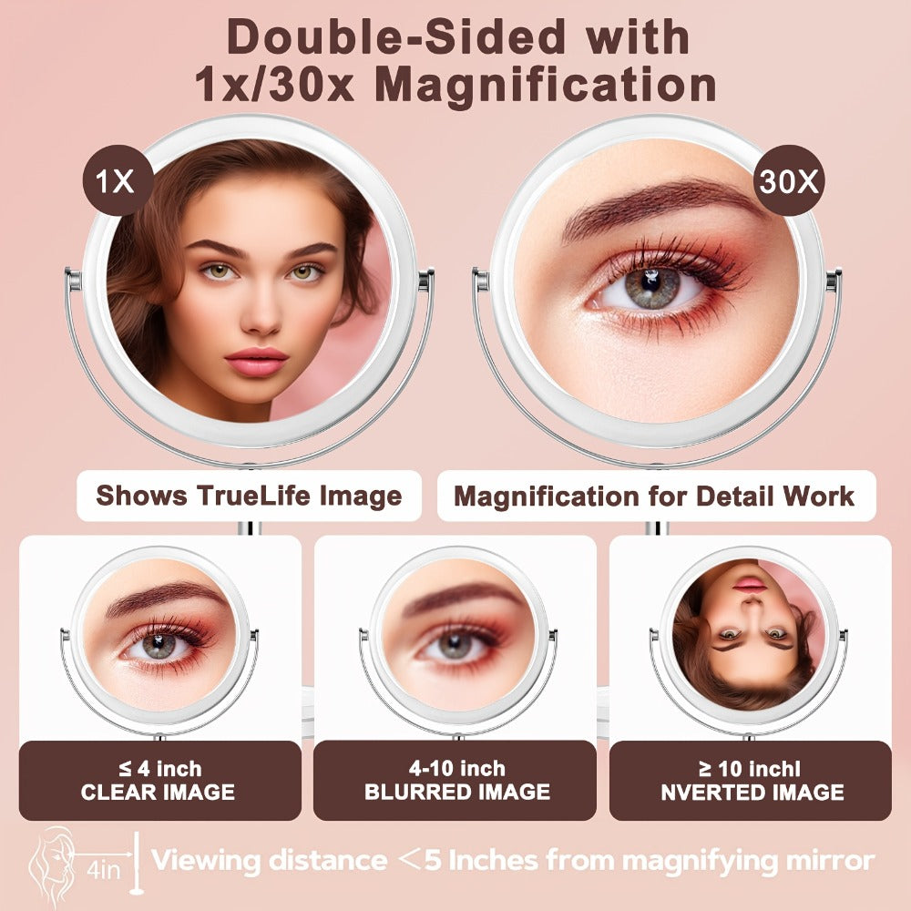 Makeup Mirror Dual-Sided 1X and 30X Round Chrome-Finish Stand with 360° Rotation and Detachable Frame