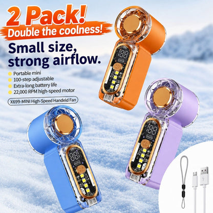 Mini Handheld Pocket Fan 2 Pack 22000RPM Brushless Motor 100 Speed Digital Display Type-C Fast Charge LED SOS Mode Quiet for Outdoor Camping Travel Office Orange Purple Blue