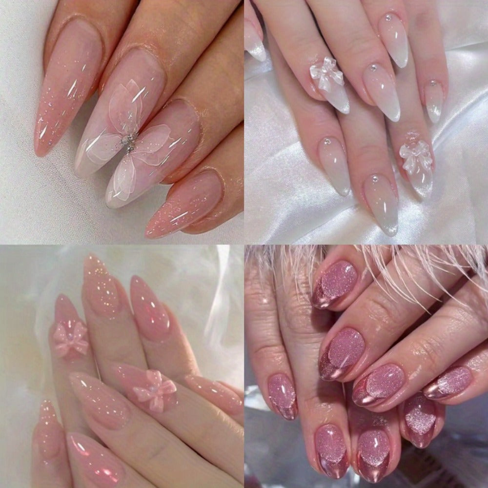 Ice Pink Almond Press On Nails 96 Pieces 4 Packs – Gradient Flower Butterfly Glossy Full Cover False Nails for Women Girls | Shiny Nail Tips Daily Wear Spring Summer Bridal Wedding Nail Art Kit
