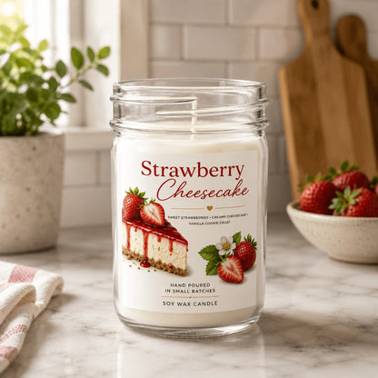 8oz Strawberry Cheesecake Candle in Clear Mason-Style Glass Jar with Black Screw Lid and Single Size