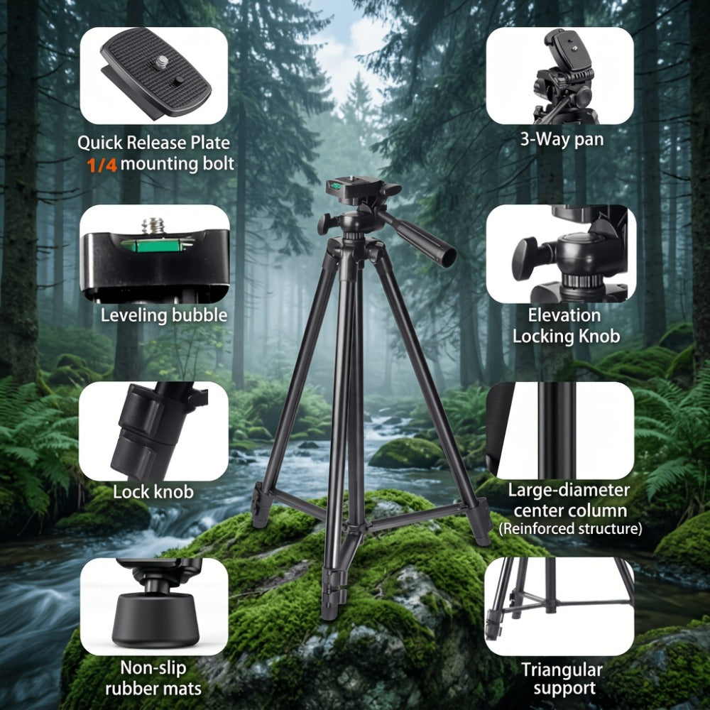 50-Inch Aluminum Camera Tripod with Pan-and-Tilt Head, Quick-Release Plate, Phone Clip and Carrying Bag in Black