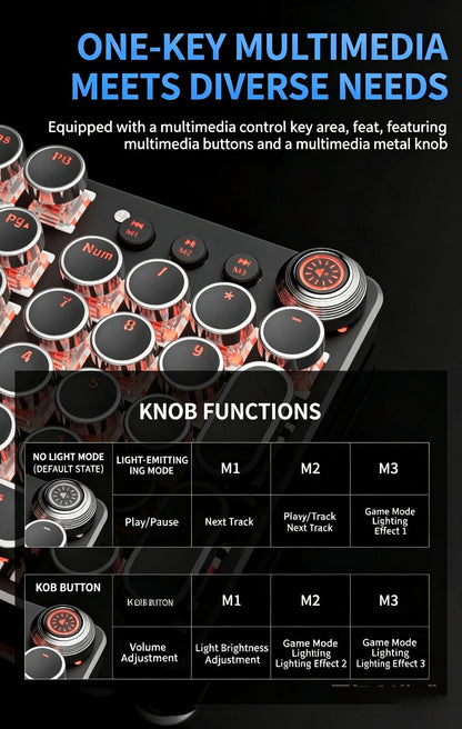 Mechanical Keyboard with Retro Round Keycaps, Green Switches, RGB Backlighting and Multifunction Control Knob