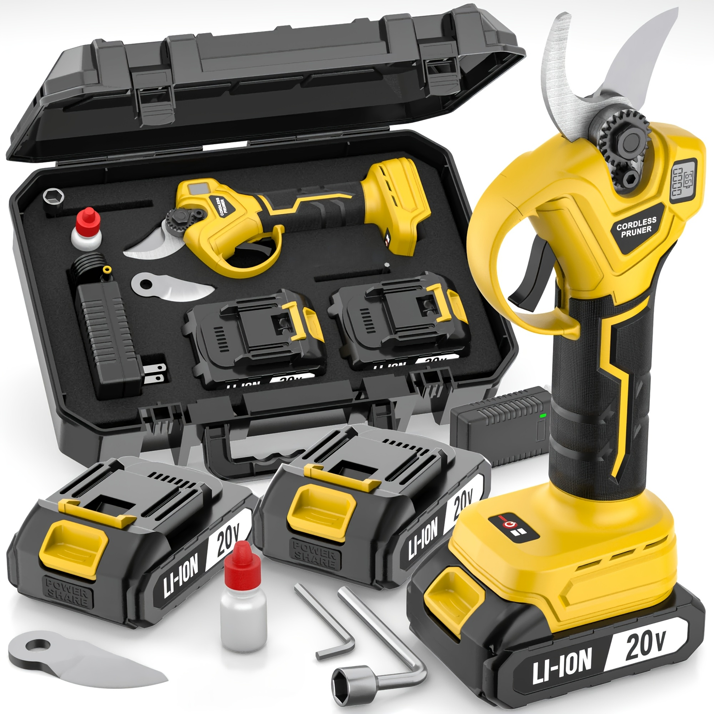20V-Labeled Cordless Pruning Shears with Display, Yellow or Green Body and One- or Two-Battery Kits