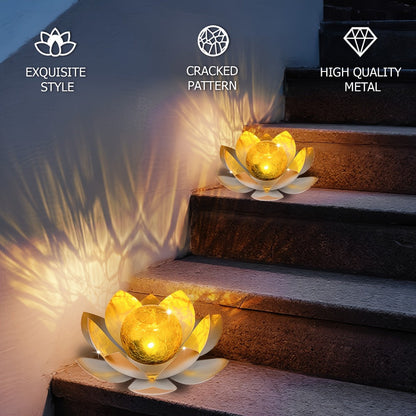 Solar Garden Lights 2-Pack Lotus Stakes with Cracked Glass Globes, Iron Frame and IPX4 Rating