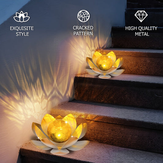 Solar Garden Lights 2-Pack Lotus Stakes with Cracked Glass Globes, Iron Frame and IPX4 Rating
