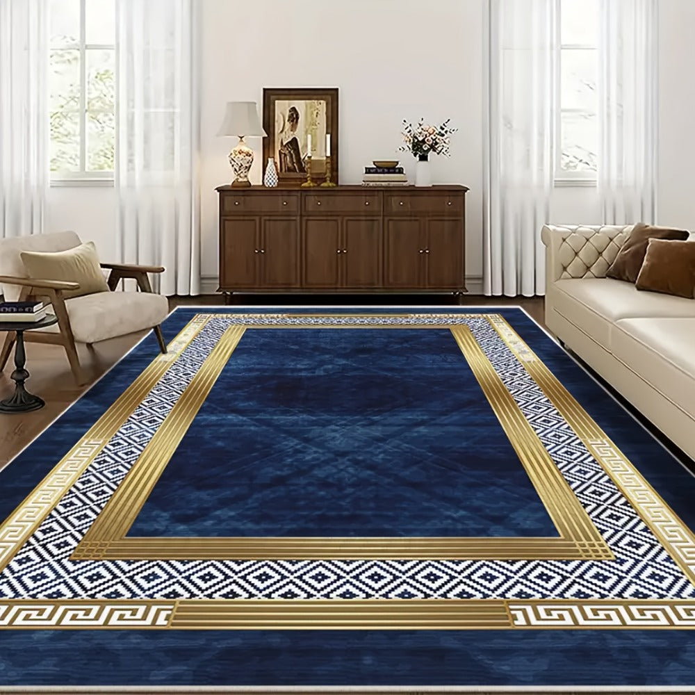 Navy Blue and Gold Geometric Area Rug with Four Exact Rectangular Size Options for Living Spaces