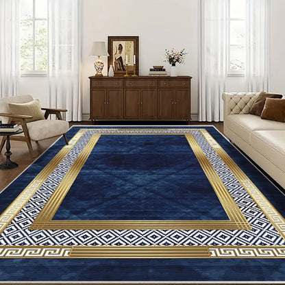 Navy Blue and Gold Geometric Area Rug with Four Exact Rectangular Size Options for Living Spaces