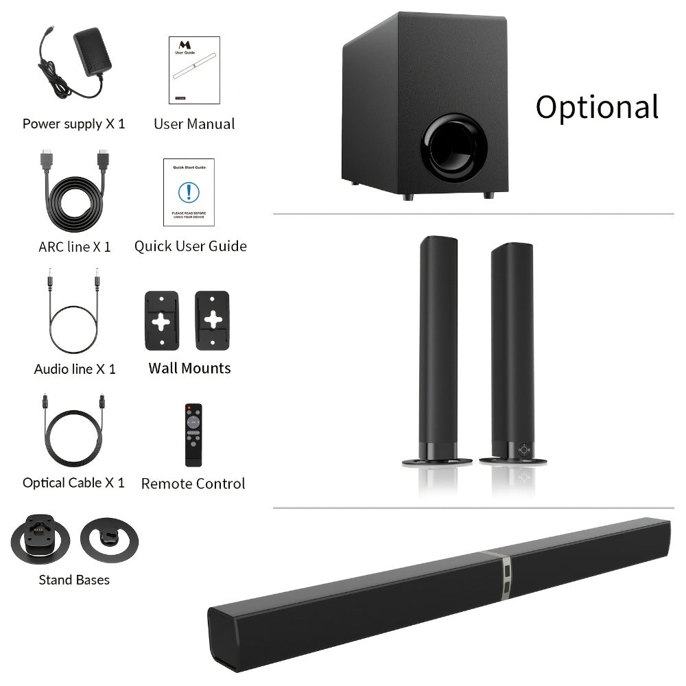 2-in-1 Separable TV Soundbar with Subwoofer – Surround Home Theater Sound Bar for Smart TV, ARC, Optical & AUX Connection, DSP Technology, Infrared Remote Control, Wireless Speaker System