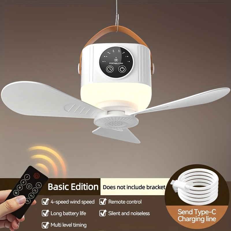 Portable Fan, USB-Powered Hanging Tent Model with Remote Control, LED Light and Optional Triangular Stand