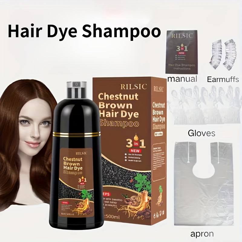 Hair Color Shampoo, RILSIC 3-in-1 500ml Pump Bottle with Black, Brown, Chestnut and Dark Brown Options