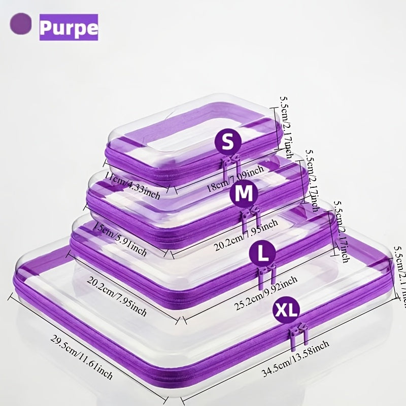Four-Piece Storage Organizer Set with Clear Zipper Cases in S, M, L and XL Sizes and Four Trim Colors