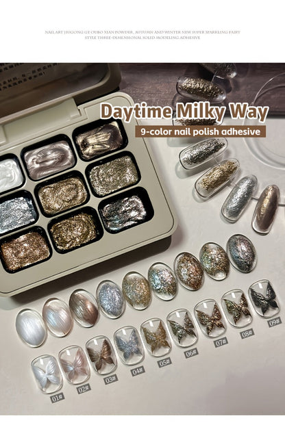 Shimmer Nail Art Gel Nine-Color Grid Palette with Metallic Neutral or Milky Way Color Selection