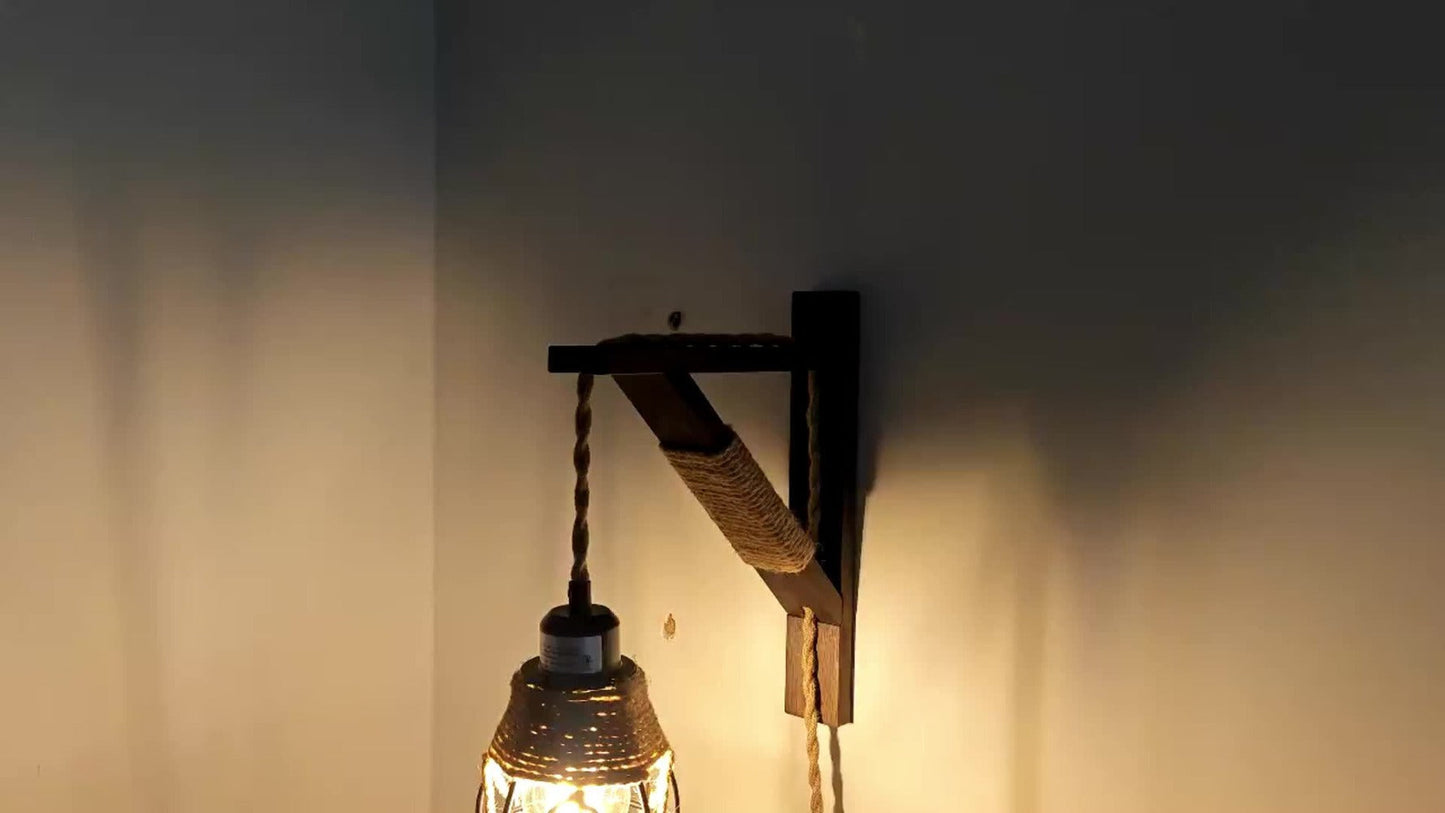 Plug-In Cage Wall Sconce with Wooden Bracket, 250 cm Cord and Single or Two-Piece Farmhouse Options
