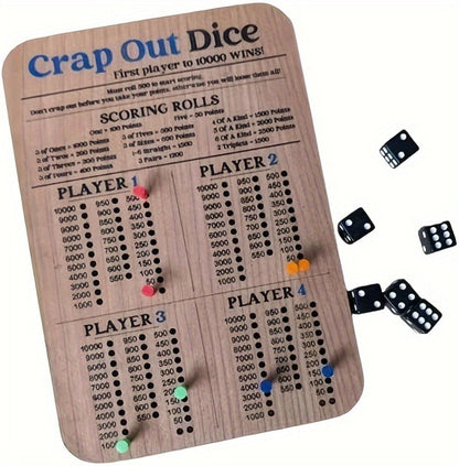 Two-Piece Wooden Dice Scoreboard Set with Six Dice, Twelve Pegs and Printed Four-Player Rules