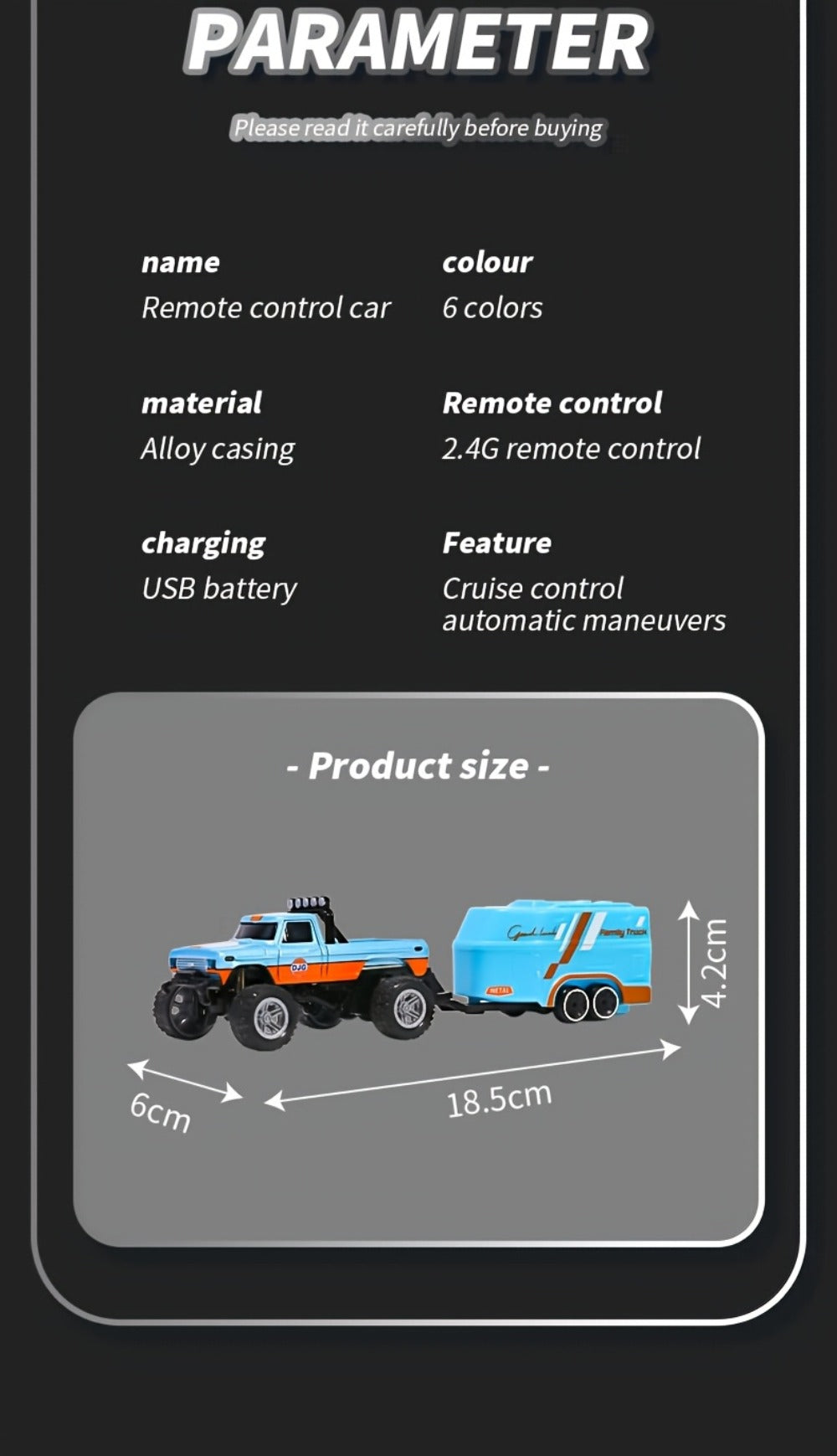 Mini RC Monster Truck 1:64 Scale with Matching Trailer, 2.4GHz Controller, LED Details and Three Color Options