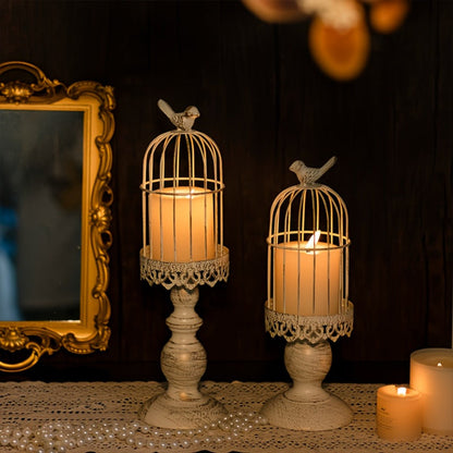 Birdcage Candle Holder Set of Two with Metal Pedestal Bases, Bird Finials, 30cm and 38cm Heights in Black or White