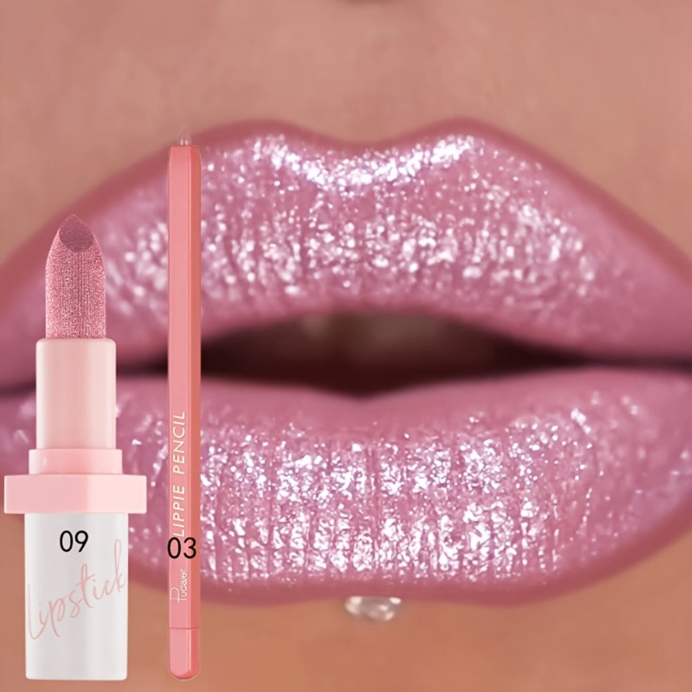 Glitter Lip Gloss & Lip Liner Set 2-Piece – Berry Shine Diamond Finish, Hydrating Squalane Formula, Long Lasting Glossy Sparkle Lip Kit for Women, 10 Color Combos Available