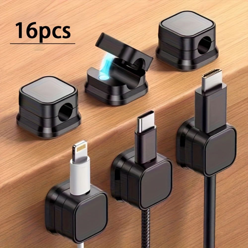 Magnetic Cable Organizer Clips, 16-Piece Black Square Set for Desk-Edge Cord Routing Pictured