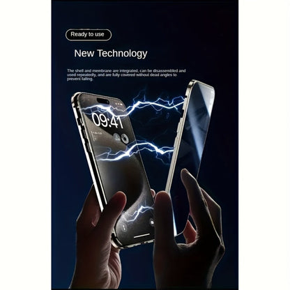 Phone Case Privacy Tempered Glass Cover with Aluminum Frame, Magnetic Snap Lock and Wireless Charging Support