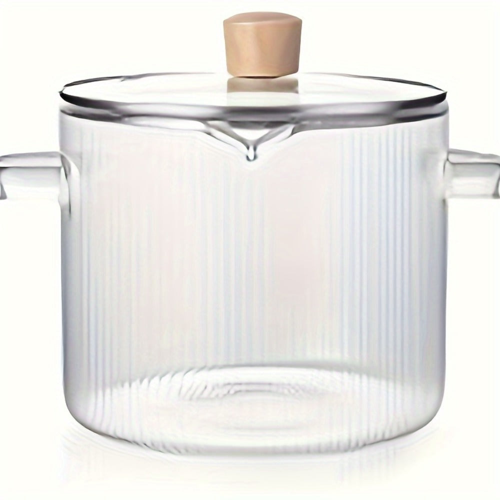 Ribbed Transparent Glass Cooking Pot with Lid in 60.87oz or 77.77oz Sizes, Clear Side Handles and Pouring Spout