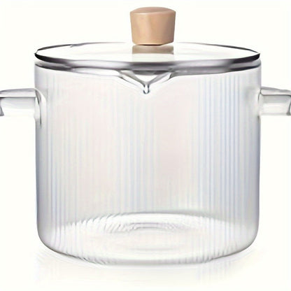 Ribbed Transparent Glass Cooking Pot with Lid in 60.87oz or 77.77oz Sizes, Clear Side Handles and Pouring Spout
