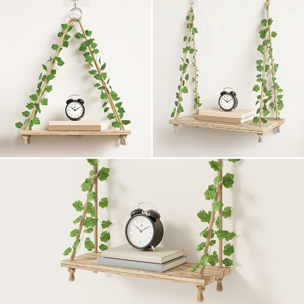 Hanging Wall Shelf Set with Macrame-Style Ropes, Artificial Ivy, LED Light Strands and 2- to 4-Piece Options
