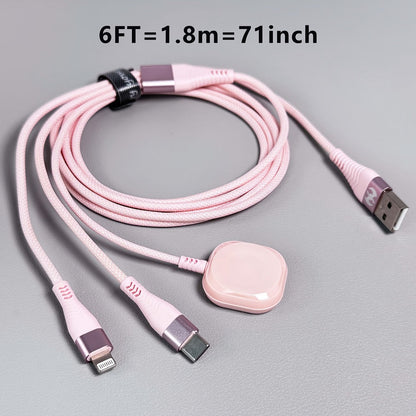 3 in 1 Charging Cable 6FT Nylon Braided USB-A to Lightning + Type-C + iWatch Magnetic Charger, Fast Charging for iPhone iPad AirPods Apple Watch Series 9 8 7 Ultra – Pink Multi Charging Cord