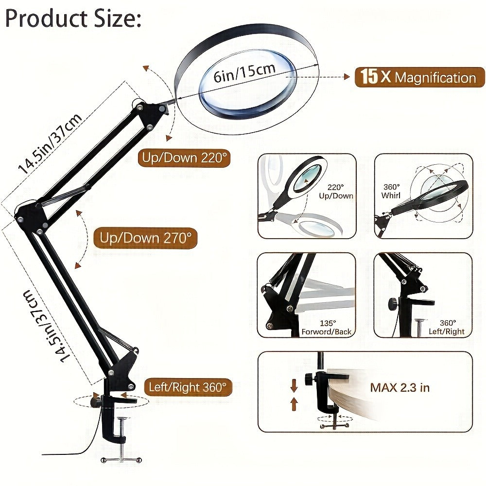 15X Magnifying Lamp with Clamp & Flexible Arm, USB LED Desk Light, 3 Color Modes 10 Brightness Levels