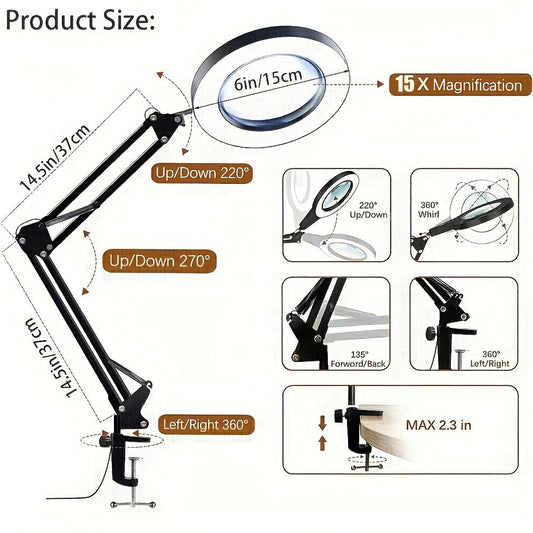 15X Magnifying Lamp with Clamp & Flexible Arm – USB LED Desk Light, 3 Color Modes 10 Brightness Levels, 360° Adjustable for Reading, Manicure, Eyelash, Sewing, Grooming & Precision Work