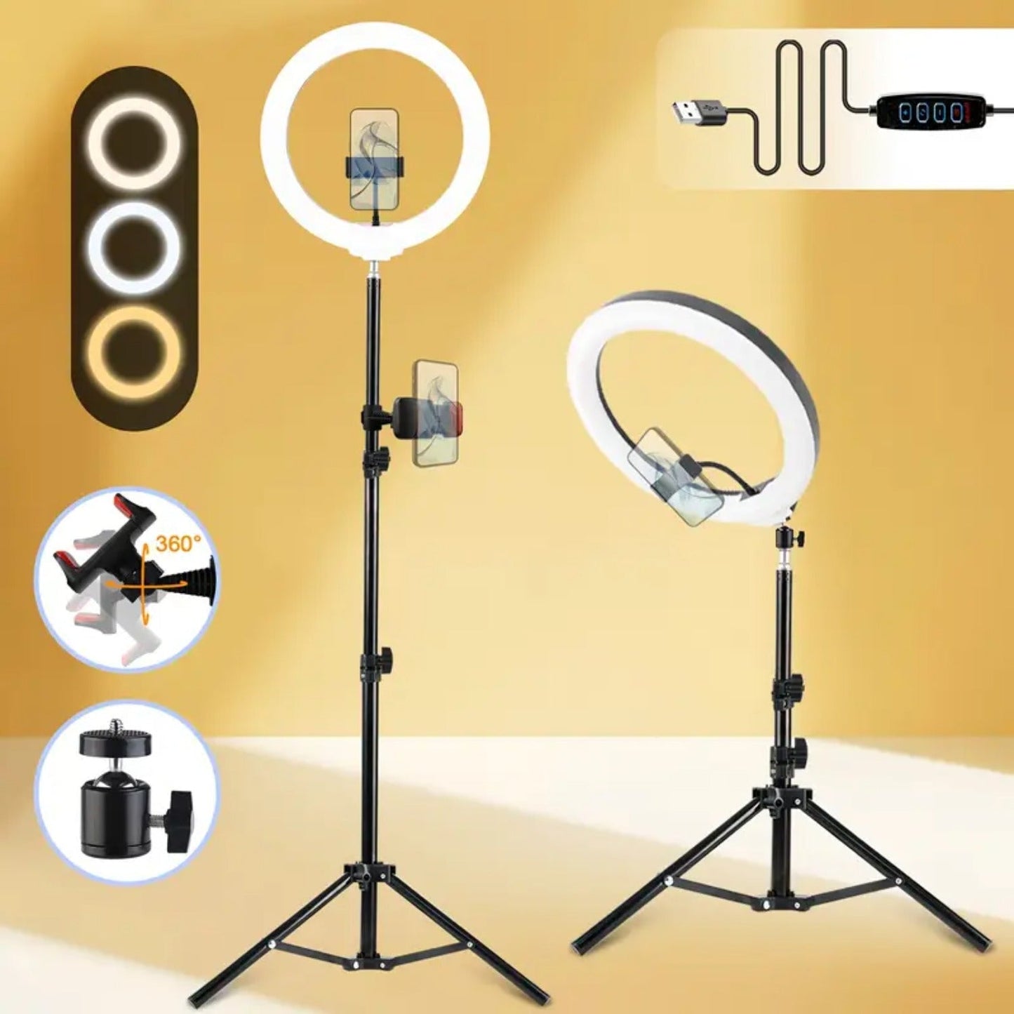 10- or 12-Inch USB Ring Light with Retractable Floor Tripod, Center Phone Holder and Lighting Options