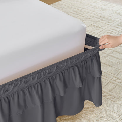Double Ruffle Bed Skirt 16" Drop | Elastic Wrap Around Dust Ruffle for Twin Full Queen King Bed | Easy Install Machine Washable Soft Linen Poly Blend Bedskirt