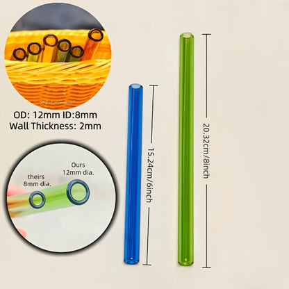 12-Pack Reusable Borosilicate Glass Straw Set with Cleaning Brushes in 6 or 8 Inch Lengths for Drinks