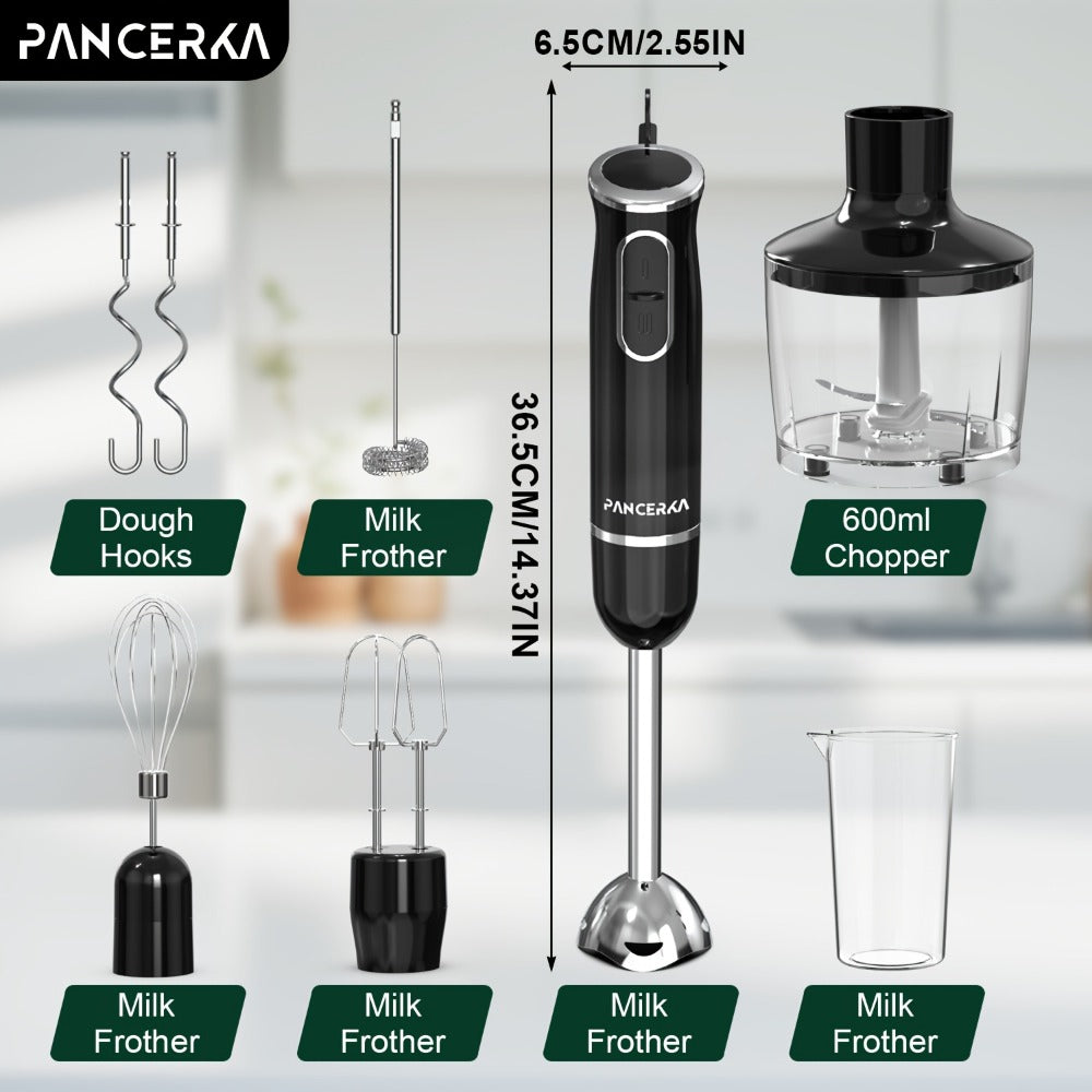 Black 8-in-1-Labeled Immersion Blender Set with 600ml Chopper, Dough Hooks, Whisk and Frother