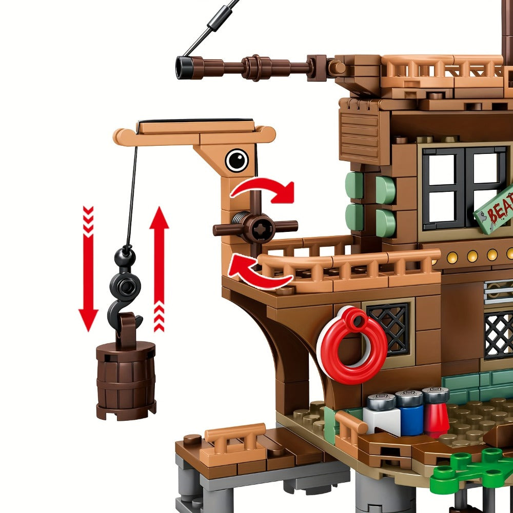 Pirate Wharf Building Blocks Set with 573-Piece Source Record, Model 1547, Boat, Dock and Multi-Level Supply Center