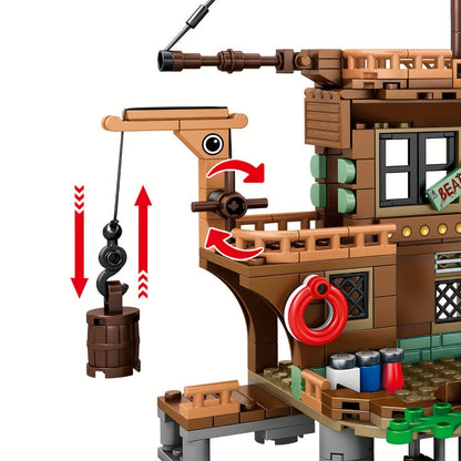 Pirate Wharf Building Blocks Set with 573-Piece Source Record, Model 1547, Boat, Dock and Multi-Level Supply Center