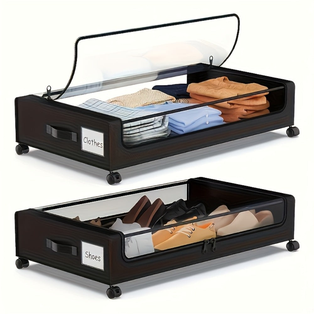 Rolling Fabric Under-Bed Storage Bins with Clear Zip Covers, Label Windows and Black or Gray Sets