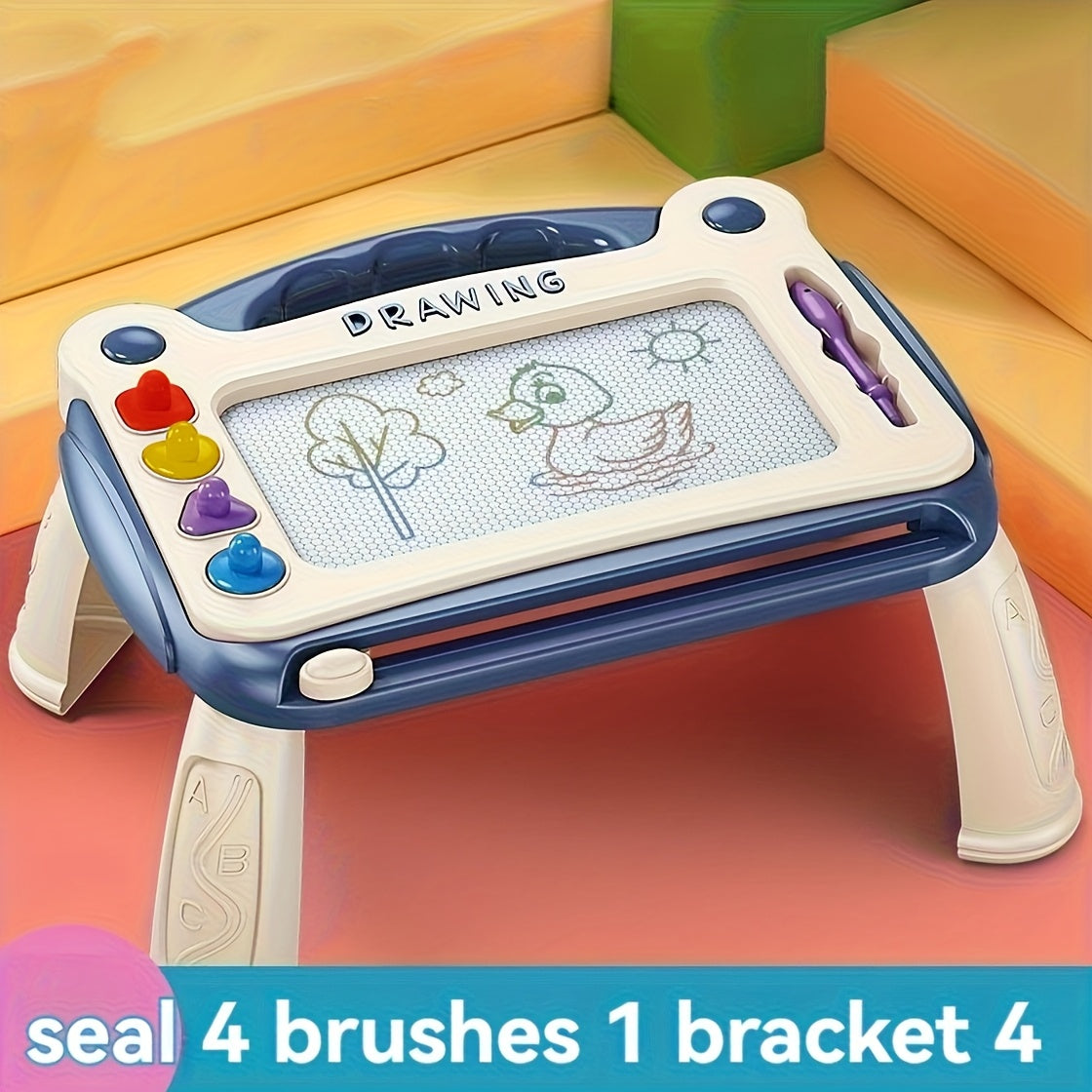 Kids Magnetic Drawing Board with Four Shape Stamps, Slide Eraser, Folding Legs and Blue, Green or Pink Options