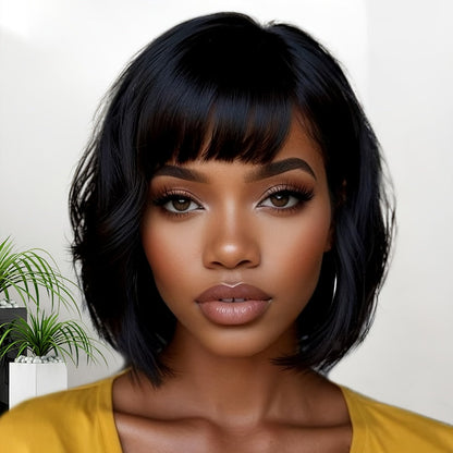 8-Inch Curly Pixie Bob Human Hair Wig in Black with Bangs, 150% Density and Machine-Made Cap