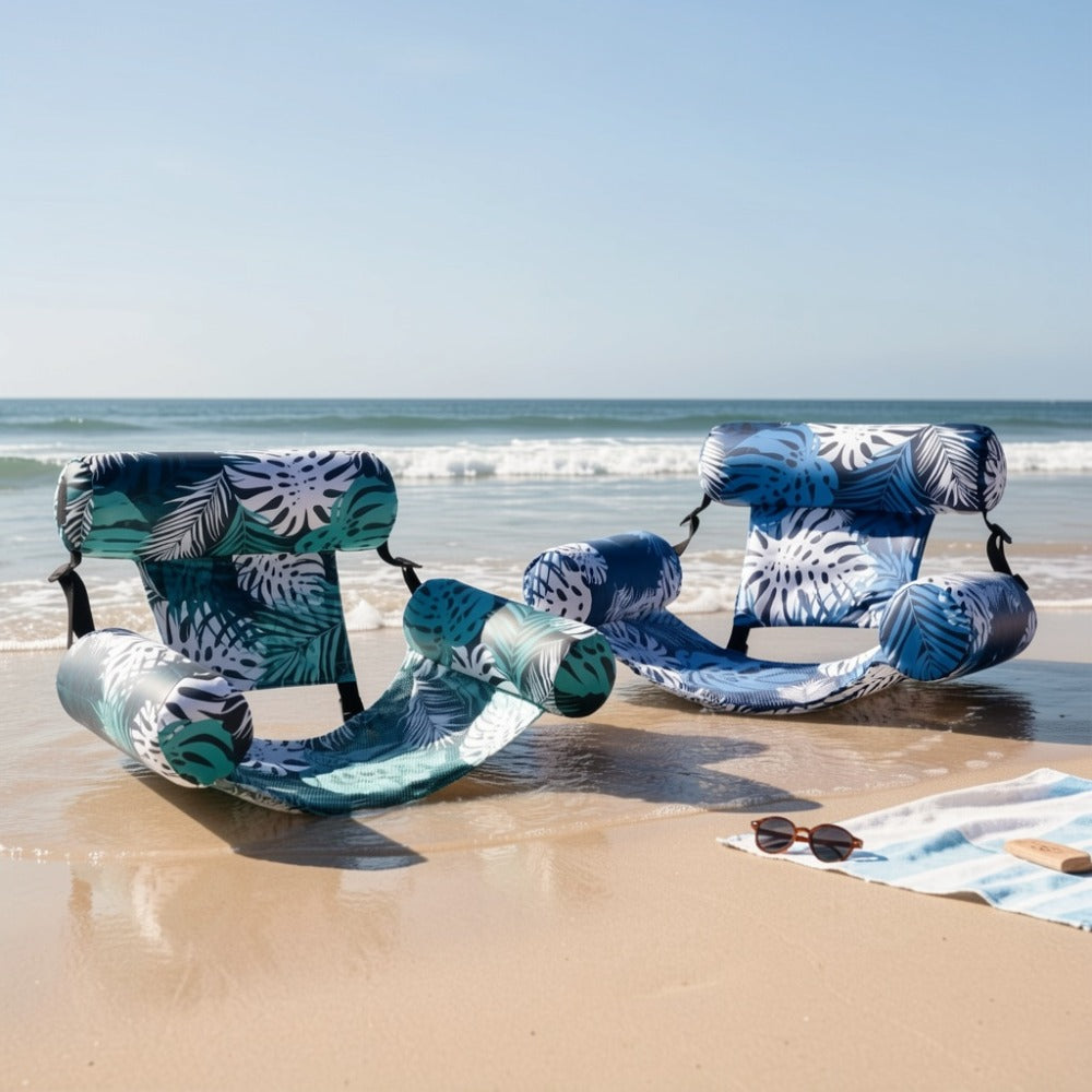 Leaf-Print Inflatable Pool Float Chair with Mesh Sling Seat in Blue, Blue-Green or Red-Cyan Checkout Options
