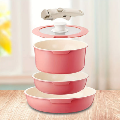 Nonstick Cookware Set 5-Piece Detachable Handle Aluminum Pots and Pans – Space-Saving Stackable Induction Compatible | 8 & 10 Inch Frying Pan Soup Pot Universal Lid | White Pink Beige Coral Pink