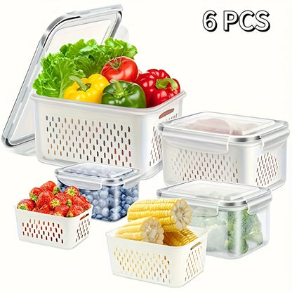Food Storage Containers Set 6pcs BPA Free Plastic with Drain Baskets and Lids Leak Proof Freezer Safe Reusable for Fruits Vegetables Meal Prep Kitchen Organizer