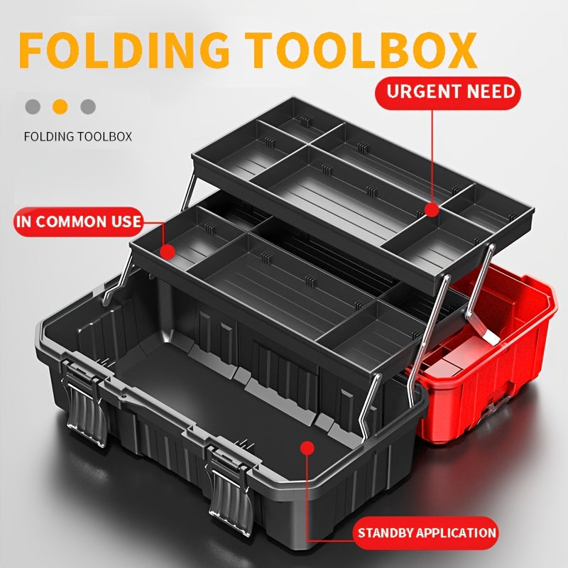 Portable Toolbox Organizer with Tray & Dividers – 17/21 Inch reinforced 3-Layer Folding Tool Storage Box for Home, Garage & Workshop