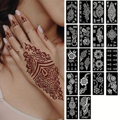 Nine-Sheet Reusable Tattoo Stencil Set with Long Floral and Henna-Style Pattern Cards in HN1 or HN2